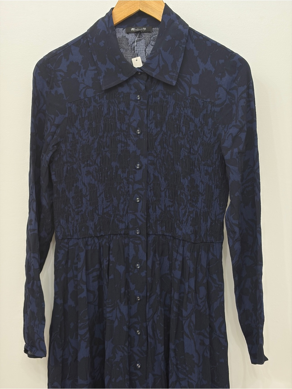 Madewell Smocked Midi Long Sleeve Shirtdress Alexis Dark Floral Navy sz 6 - Picture 7 of 13
